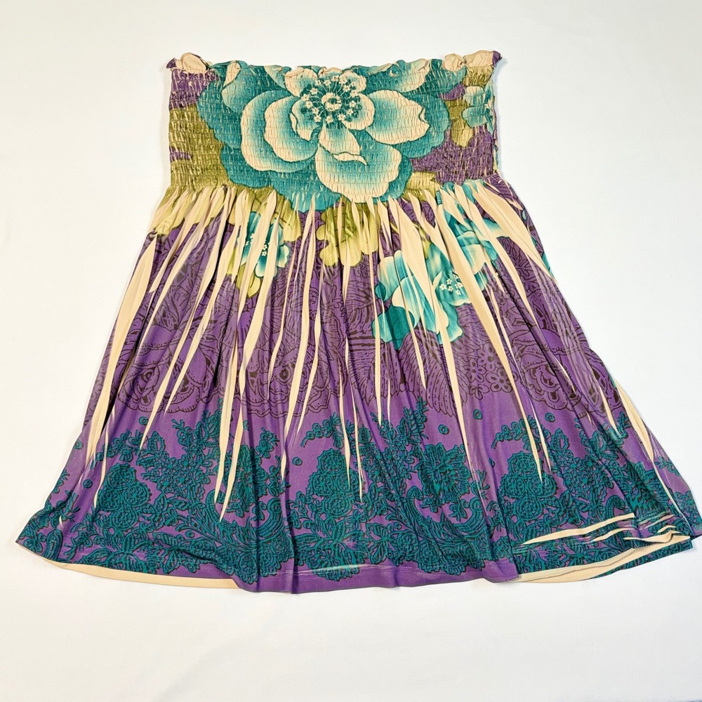 Floral Smocked‎ Tube Top Shirt 1X Strapless Purple Teal Boho USA